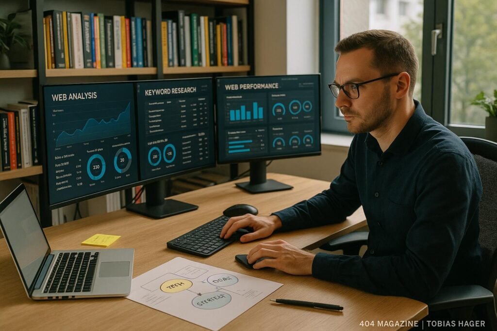 Ein SEO-Manager arbeitet an einem großen, modernen Arbeitsplatz mit mehreren Monitoren, Büchern im Hintergrund und natürlichem Licht, während er Strategiekarten und Notizen betrachtet.
