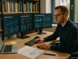 Ein SEO-Manager arbeitet an einem großen, modernen Arbeitsplatz mit mehreren Monitoren, Büchern im Hintergrund und natürlichem Licht, während er Strategiekarten und Notizen betrachtet.