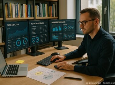 Ein SEO-Manager arbeitet an einem großen, modernen Arbeitsplatz mit mehreren Monitoren, Büchern im Hintergrund und natürlichem Licht, während er Strategiekarten und Notizen betrachtet.