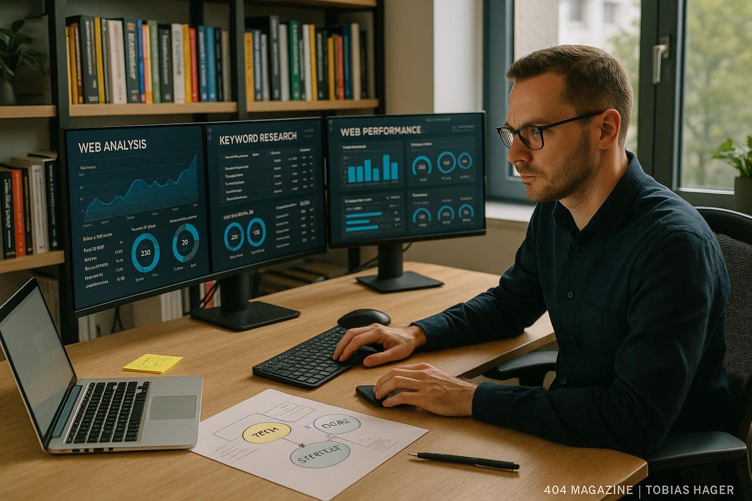 Ein SEO-Manager arbeitet an einem großen, modernen Arbeitsplatz mit mehreren Monitoren, Büchern im Hintergrund und natürlichem Licht, während er Strategiekarten und Notizen betrachtet.