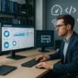 Modernes Arbeitszimmer mit mehreren Monitoren, technischen Büchern, Hardware und einer Person in Business Casual, die Web-Analysen betrachtet