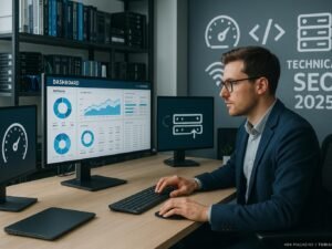 Modernes Arbeitszimmer mit mehreren Monitoren, technischen Büchern, Hardware und einer Person in Business Casual, die Web-Analysen betrachtet