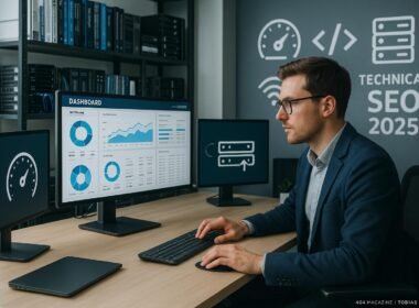 Modernes Arbeitszimmer mit mehreren Monitoren, technischen Büchern, Hardware und einer Person in Business Casual, die Web-Analysen betrachtet