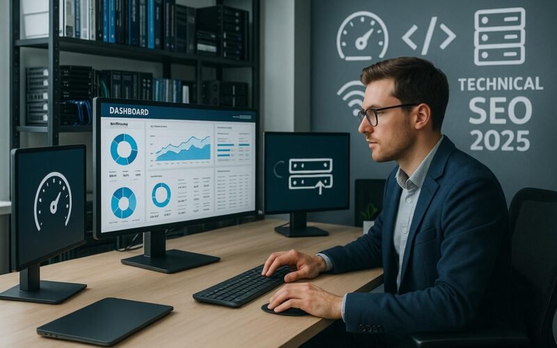 Modernes Arbeitszimmer mit mehreren Monitoren, technischen Büchern, Hardware und einer Person in Business Casual, die Web-Analysen betrachtet