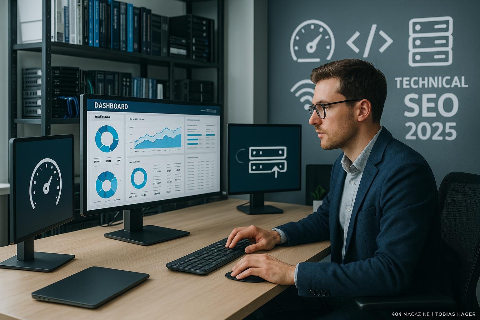 Modernes Arbeitszimmer mit mehreren Monitoren, technischen Büchern, Hardware und einer Person in Business Casual, die Web-Analysen betrachtet
