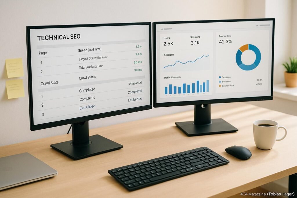 Modernes Büro-Setup mit zwei Monitoren, einem zeigt technische SEO-Daten und der andere Diagramme und KPIs, im Hintergrund Notizblätter, Laptop und Kaffee, helle Beleuchtung, freundliche Atmosphäre