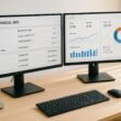 Modernes Büro-Setup mit zwei Monitoren, einem zeigt technische SEO-Daten und der andere Diagramme und KPIs, im Hintergrund Notizblätter, Laptop und Kaffee, helle Beleuchtung, freundliche Atmosphäre