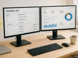 Modernes Büro-Setup mit zwei Monitoren, einem zeigt technische SEO-Daten und der andere Diagramme und KPIs, im Hintergrund Notizblätter, Laptop und Kaffee, helle Beleuchtung, freundliche Atmosphäre