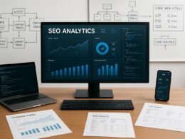 Moderner Arbeitsplatz mit Computer, Laptop, Smartphone und Whiteboard, die SEO-Analysen und Website-Architektur visualisieren
