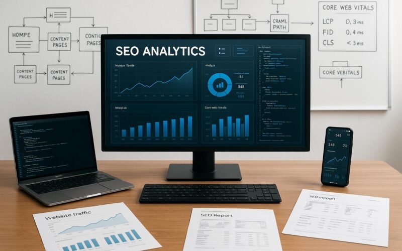 Moderner Arbeitsplatz mit Computer, Laptop, Smartphone und Whiteboard, die SEO-Analysen und Website-Architektur visualisieren