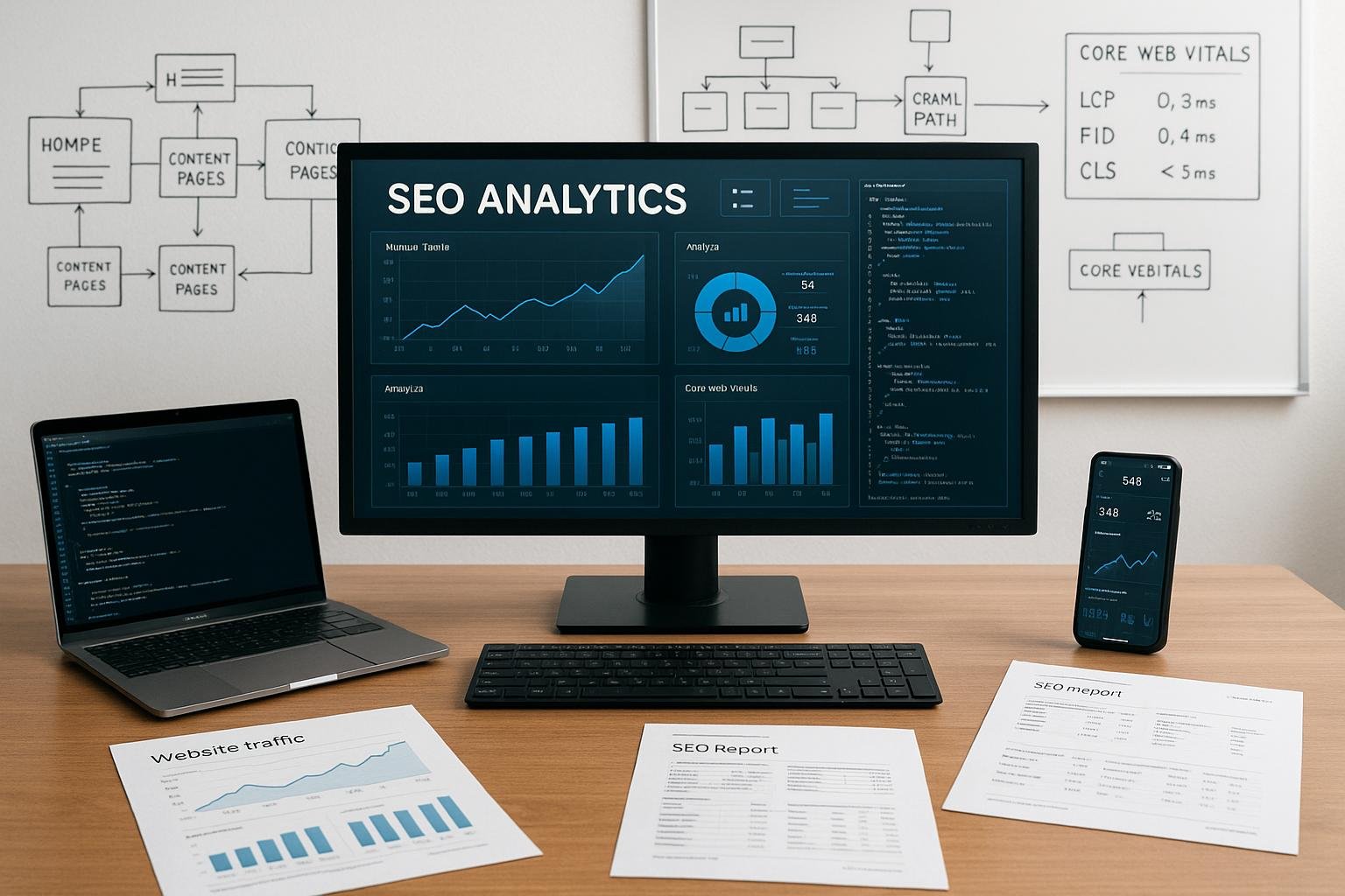 Moderner Arbeitsplatz mit Computer, Laptop, Smartphone und Whiteboard, die SEO-Analysen und Website-Architektur visualisieren