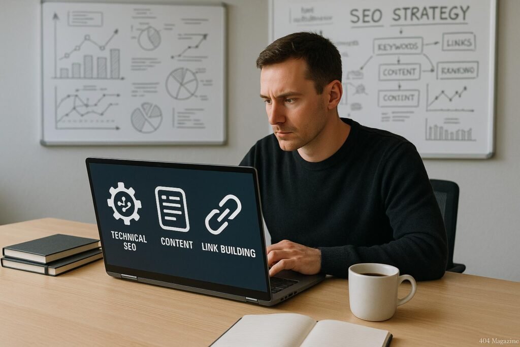 Modernes Büro mit einem großen Schreibtisch, Laptop, Whiteboards mit SEO-Skizzen und einer Person, die auf den Bildschirm schaut
