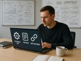Modernes Büro mit einem großen Schreibtisch, Laptop, Whiteboards mit SEO-Skizzen und einer Person, die auf den Bildschirm schaut