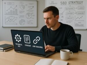 Modernes Büro mit einem großen Schreibtisch, Laptop, Whiteboards mit SEO-Skizzen und einer Person, die auf den Bildschirm schaut