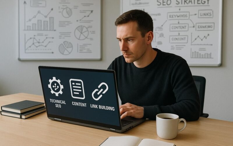 Modernes Büro mit einem großen Schreibtisch, Laptop, Whiteboards mit SEO-Skizzen und einer Person, die auf den Bildschirm schaut