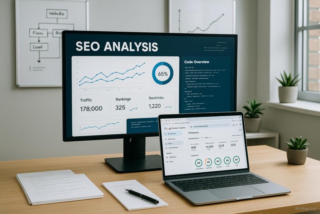 Moderner Arbeitsplatz im Büro mit Bildschirm, der eine detaillierte SEO-Analyse zeigt, umgeben von Notizblättern, Laptop, Whiteboards und Pflanzen.
