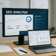 Moderner Arbeitsplatz im Büro mit Bildschirm, der eine detaillierte SEO-Analyse zeigt, umgeben von Notizblättern, Laptop, Whiteboards und Pflanzen.