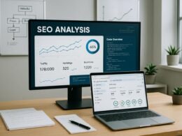 Moderner Arbeitsplatz im Büro mit Bildschirm, der eine detaillierte SEO-Analyse zeigt, umgeben von Notizblättern, Laptop, Whiteboards und Pflanzen.