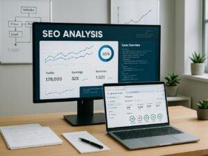 Moderner Arbeitsplatz im Büro mit Bildschirm, der eine detaillierte SEO-Analyse zeigt, umgeben von Notizblättern, Laptop, Whiteboards und Pflanzen.