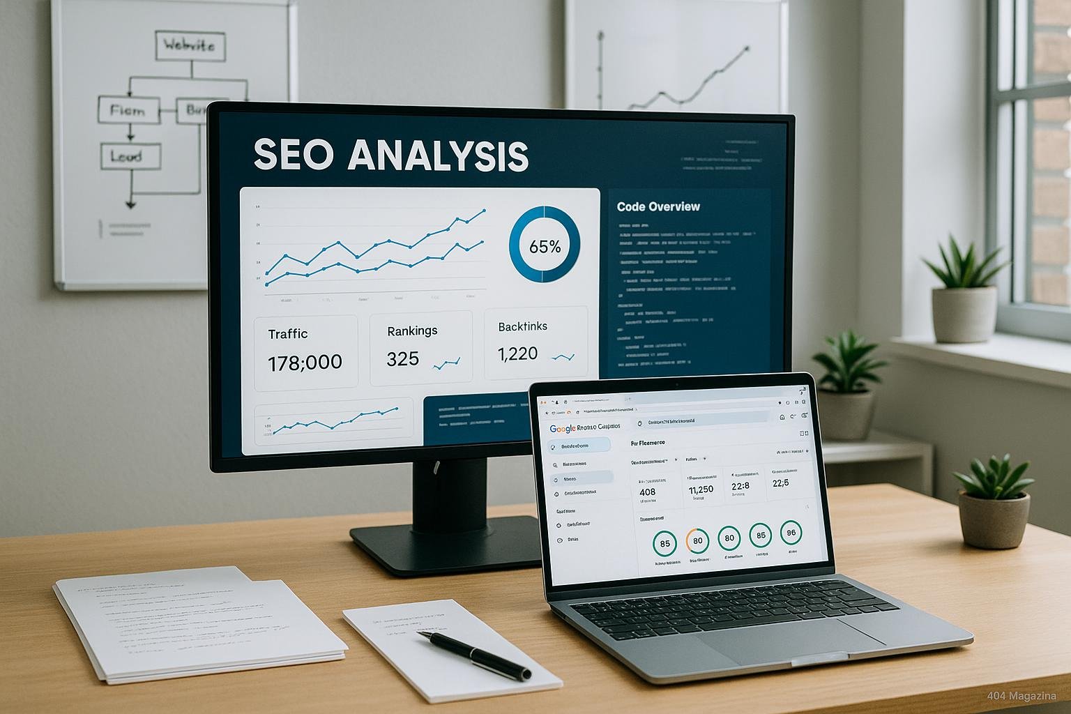 Moderner Arbeitsplatz im Büro mit Bildschirm, der eine detaillierte SEO-Analyse zeigt, umgeben von Notizblättern, Laptop, Whiteboards und Pflanzen.