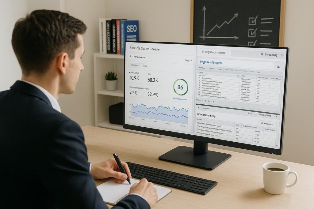 Modernes Büro-Setup mit großem Bildschirm, der Google Search Console, PageSpeed Insights und Screaming Frog anzeigt, mit einer motivierten Person in Business-Kleidung, die Notizen macht, im Vordergrund.