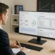 Modernes Büro-Setup mit großem Bildschirm, der Google Search Console, PageSpeed Insights und Screaming Frog anzeigt, mit einer motivierten Person in Business-Kleidung, die Notizen macht, im Vordergrund.
