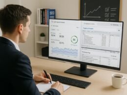 Modernes Büro-Setup mit großem Bildschirm, der Google Search Console, PageSpeed Insights und Screaming Frog anzeigt, mit einer motivierten Person in Business-Kleidung, die Notizen macht, im Vordergrund.