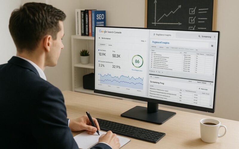 Modernes Büro-Setup mit großem Bildschirm, der Google Search Console, PageSpeed Insights und Screaming Frog anzeigt, mit einer motivierten Person in Business-Kleidung, die Notizen macht, im Vordergrund.