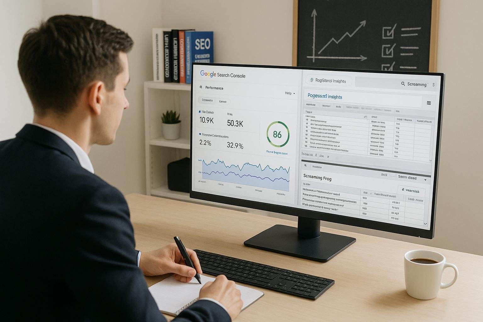 Modernes Büro-Setup mit großem Bildschirm, der Google Search Console, PageSpeed Insights und Screaming Frog anzeigt, mit einer motivierten Person in Business-Kleidung, die Notizen macht, im Vordergrund.