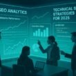 Hochmoderner digitaler Arbeitsplatz mit holografischem Bildschirm, der SEO-Daten, Diagramme und Programmiercode zeigt, umgeben von Fachleuten in einer technischen Umgebung.