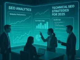 Hochmoderner digitaler Arbeitsplatz mit holografischem Bildschirm, der SEO-Daten, Diagramme und Programmiercode zeigt, umgeben von Fachleuten in einer technischen Umgebung.