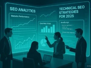 Hochmoderner digitaler Arbeitsplatz mit holografischem Bildschirm, der SEO-Daten, Diagramme und Programmiercode zeigt, umgeben von Fachleuten in einer technischen Umgebung.