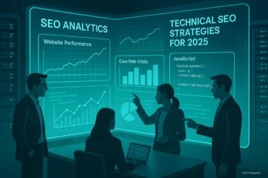Hochmoderner digitaler Arbeitsplatz mit holografischem Bildschirm, der SEO-Daten, Diagramme und Programmiercode zeigt, umgeben von Fachleuten in einer technischen Umgebung.