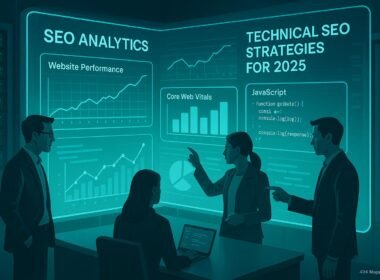 Hochmoderner digitaler Arbeitsplatz mit holografischem Bildschirm, der SEO-Daten, Diagramme und Programmiercode zeigt, umgeben von Fachleuten in einer technischen Umgebung.
