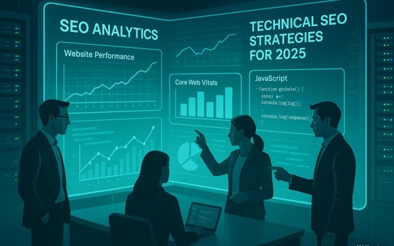 Hochmoderner digitaler Arbeitsplatz mit holografischem Bildschirm, der SEO-Daten, Diagramme und Programmiercode zeigt, umgeben von Fachleuten in einer technischen Umgebung.
