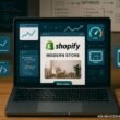 Laptop mit Shopify-Shop auf einem Schreibtisch, umgeben von technischen Diagrammen, Codes und Notizblättern, die Strategien zur SEO-Optimierung zeigen.