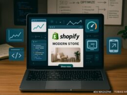 Laptop mit Shopify-Shop auf einem Schreibtisch, umgeben von technischen Diagrammen, Codes und Notizblättern, die Strategien zur SEO-Optimierung zeigen.