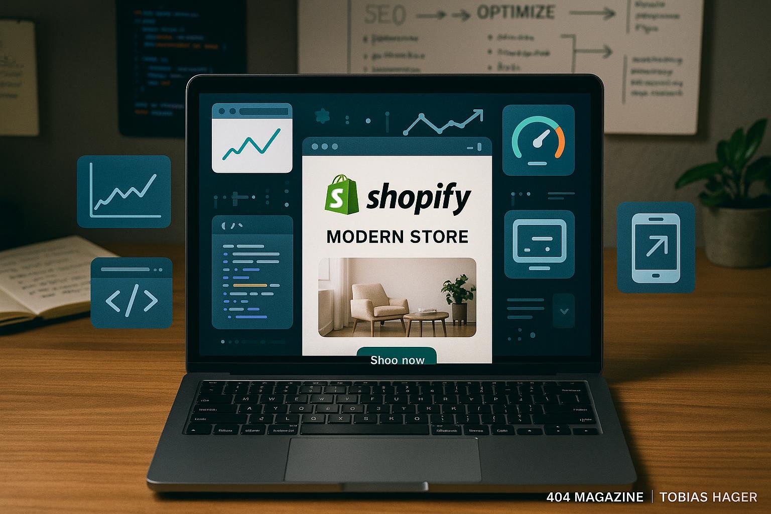 Laptop mit Shopify-Shop auf einem Schreibtisch, umgeben von technischen Diagrammen, Codes und Notizblättern, die Strategien zur SEO-Optimierung zeigen.