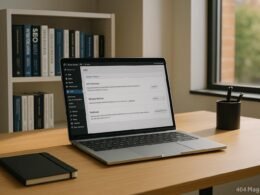 Modernes Büro mit Laptop auf Holzschreibtisch, der WordPress-Admin mit SEO-Plugins anzeigt, im Hintergrund Bücherregale und warmes Tageslicht
