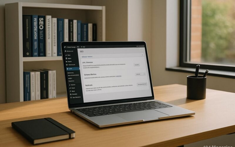 Modernes Büro mit Laptop auf Holzschreibtisch, der WordPress-Admin mit SEO-Plugins anzeigt, im Hintergrund Bücherregale und warmes Tageslicht