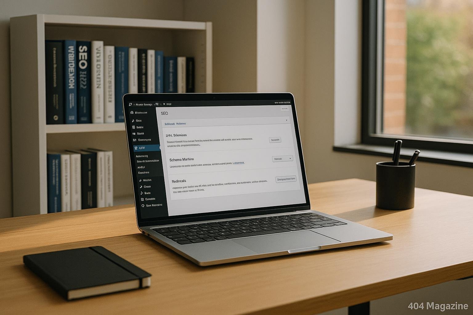 Modernes Büro mit Laptop auf Holzschreibtisch, der WordPress-Admin mit SEO-Plugins anzeigt, im Hintergrund Bücherregale und warmes Tageslicht