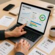 Nahaufnahme eines Laptops mit SEO-Analyse-Dashboard, umgeben von Leitfäden und Notizen in einem aufgeräumten Arbeitsbereich