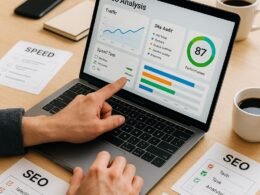 Nahaufnahme eines Laptops mit SEO-Analyse-Dashboard, umgeben von Leitfäden und Notizen in einem aufgeräumten Arbeitsbereich