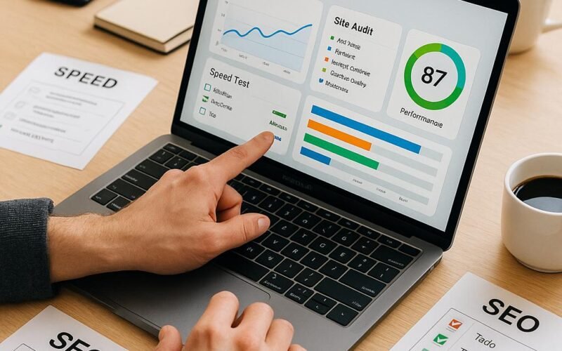 Nahaufnahme eines Laptops mit SEO-Analyse-Dashboard, umgeben von Leitfäden und Notizen in einem aufgeräumten Arbeitsbereich