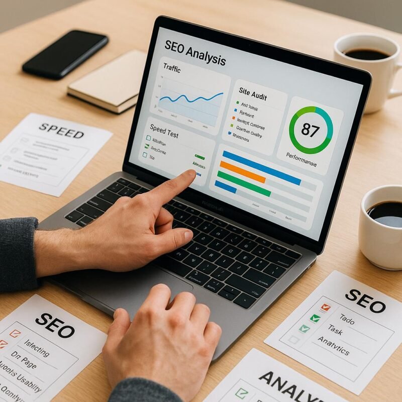 Nahaufnahme eines Laptops mit SEO-Analyse-Dashboard, umgeben von Leitfäden und Notizen in einem aufgeräumten Arbeitsbereich