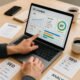 Nahaufnahme eines Laptops mit SEO-Analyse-Dashboard, umgeben von Leitfäden und Notizen in einem aufgeräumten Arbeitsbereich