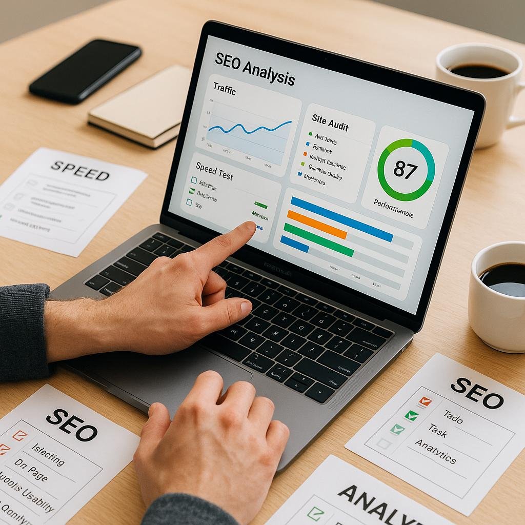 Nahaufnahme eines Laptops mit SEO-Analyse-Dashboard, umgeben von Leitfäden und Notizen in einem aufgeräumten Arbeitsbereich