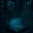 Moderner Serverraum mit leuchtenden Datenlampen, futuristischen Hardwareboards und holographischen Datenmustern, die globale Vernetzung darstellen.