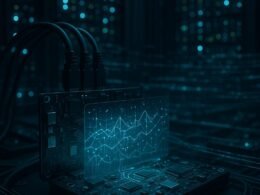 Moderner Serverraum mit leuchtenden Datenlampen, futuristischen Hardwareboards und holographischen Datenmustern, die globale Vernetzung darstellen.