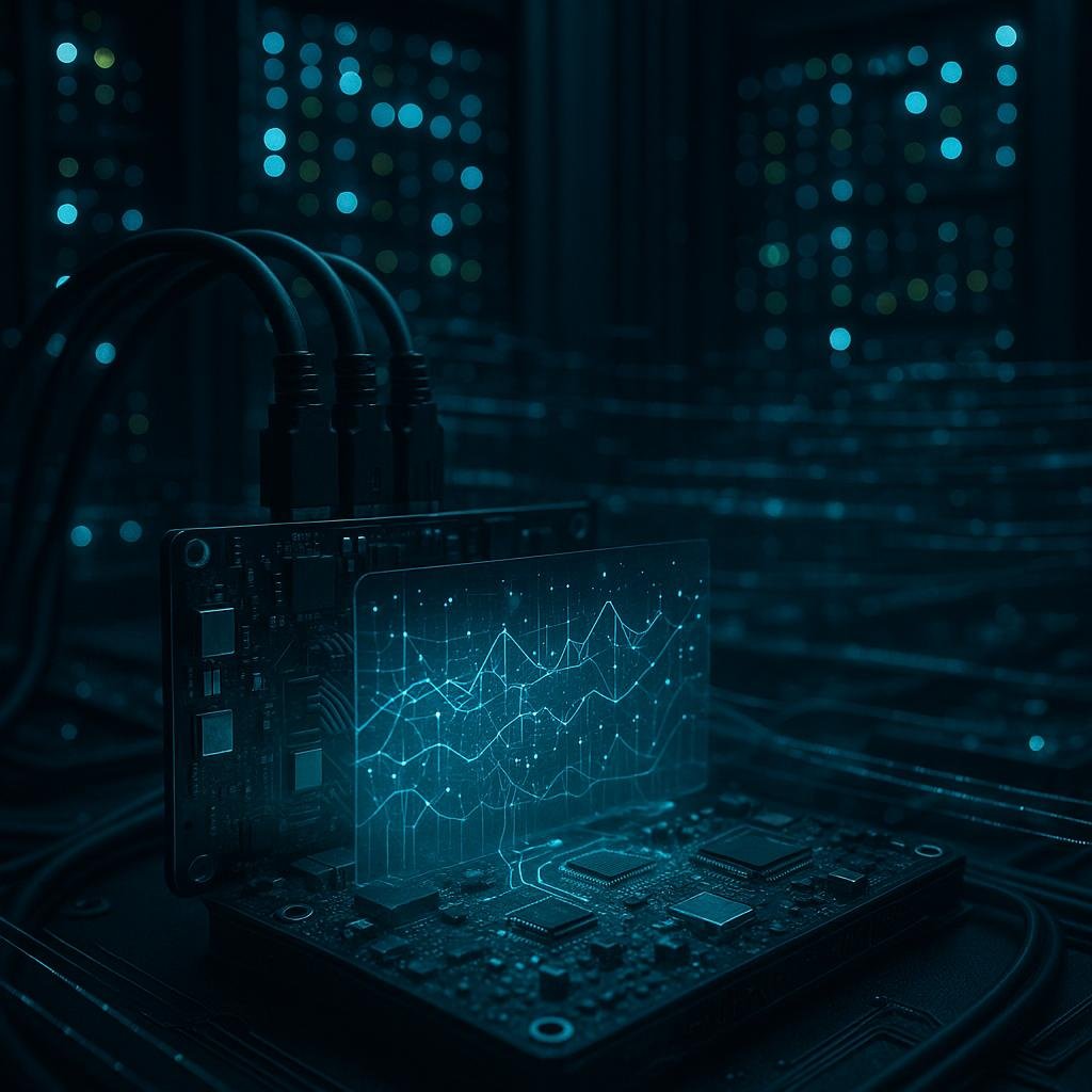 Moderner Serverraum mit leuchtenden Datenlampen, futuristischen Hardwareboards und holographischen Datenmustern, die globale Vernetzung darstellen.